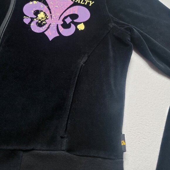 MECCA Femme Y2K Velour Jacket Women's XL Black Full Zip Fleur-de-lis Lightweight - Picture 3 of 9